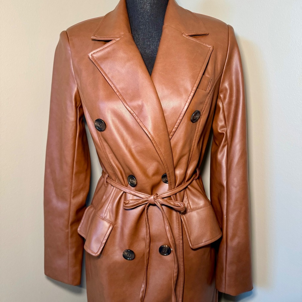 Avec Les Filles Cognac Brown Faux Leather Double Breasted‎ Trench Coat XS